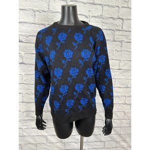 Jamknits Acrylic Fiber Knit Long Sleeve Round Neck Black Blue Floral Women's 80s